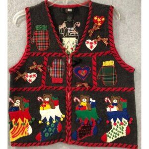 Ugly Christmas Sweater Vest Size M Black Bear Stockings Double Sided Party Vtg